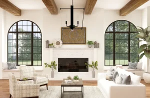 Salón reformado con vigas de madera y ventanales en arco